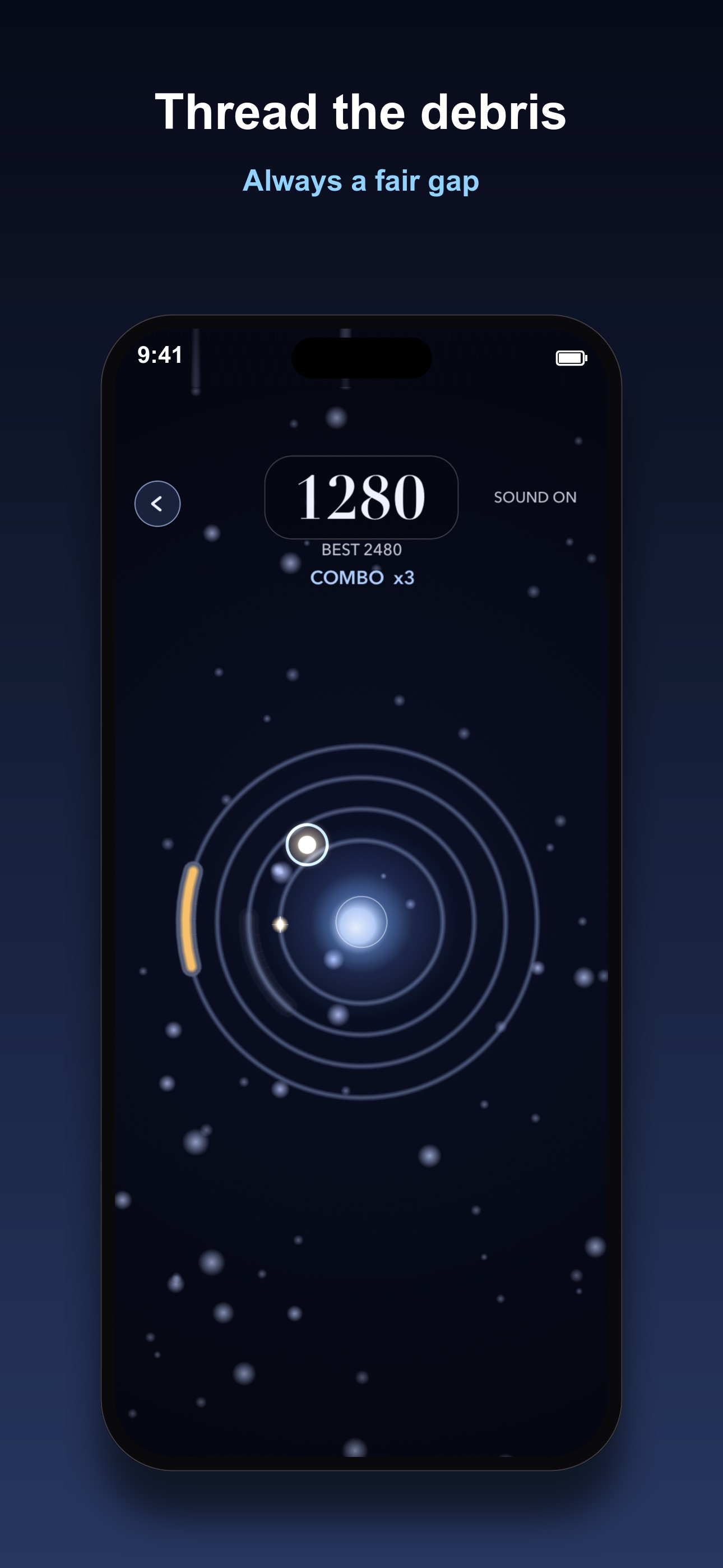 Drift Moon gameplay screen, the moon near the innermost ring beside an orange debris arc, titled Thread the debris