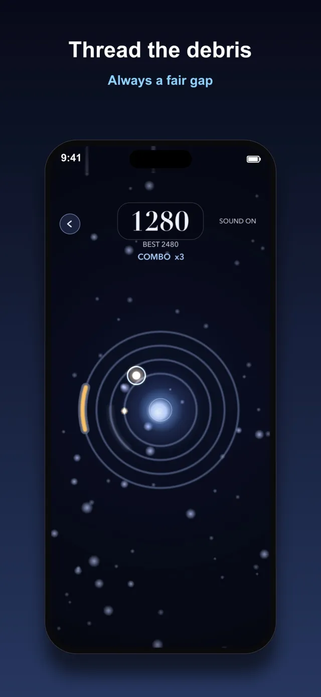 Drift Moon gameplay screen, the moon near the innermost ring beside an orange debris arc, titled Thread the debris