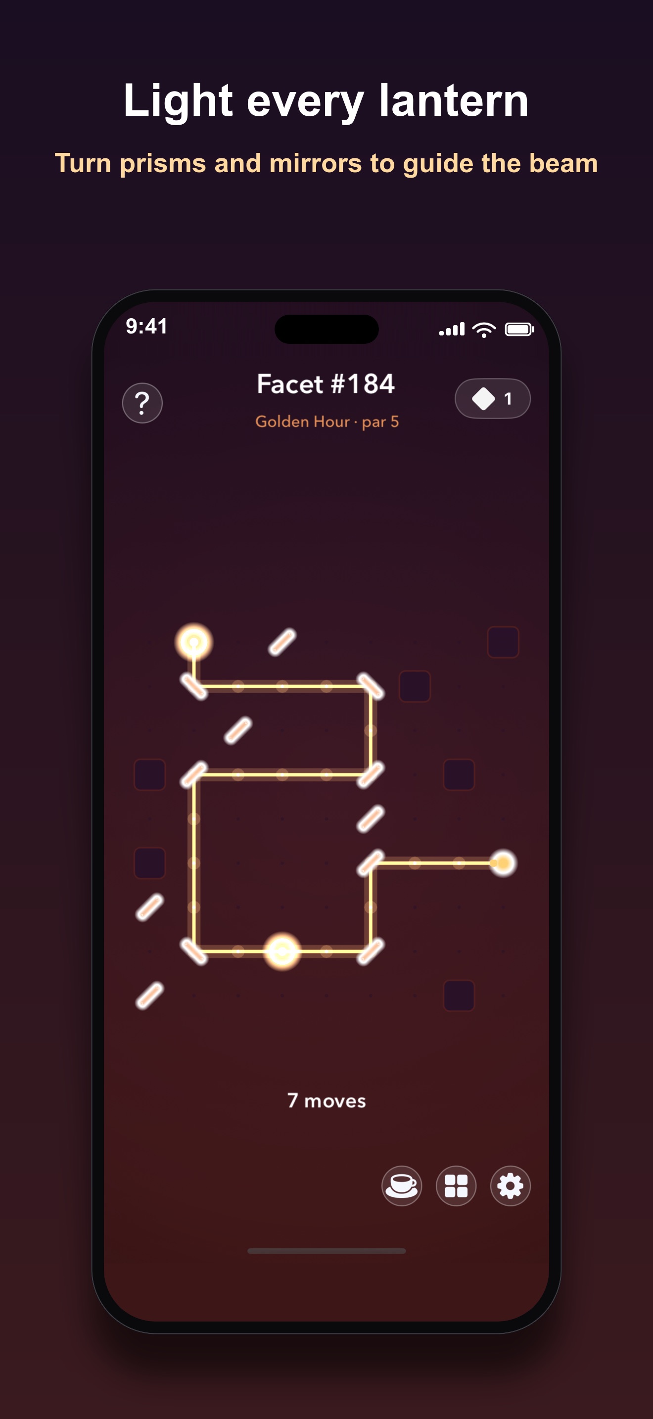 Facet puzzle screen, board number 184, with light beam lines routed from two sources toward a lit lantern, titled Light every lantern