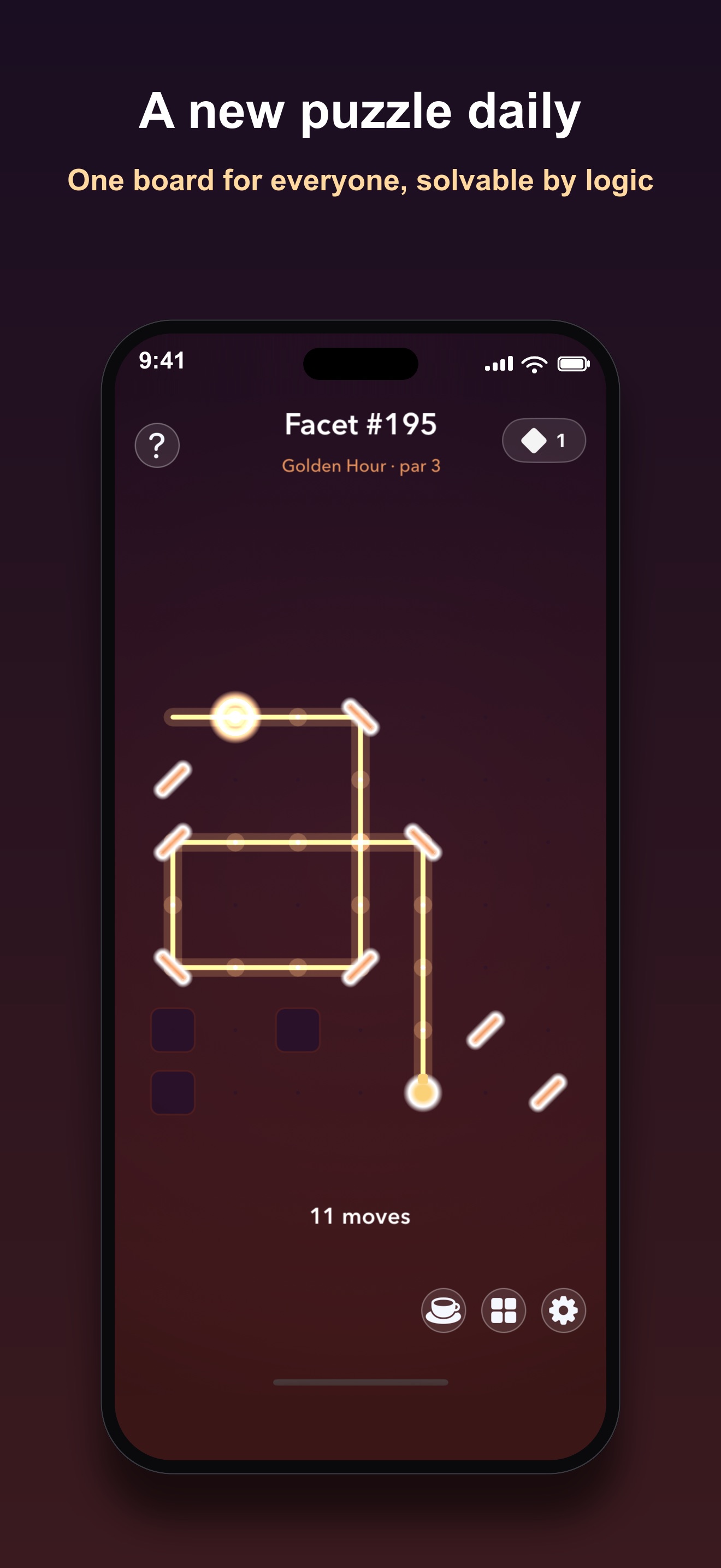 Facet puzzle screen, board number 195, a partly solved light beam board with two lanterns still unlit, titled A new puzzle daily
