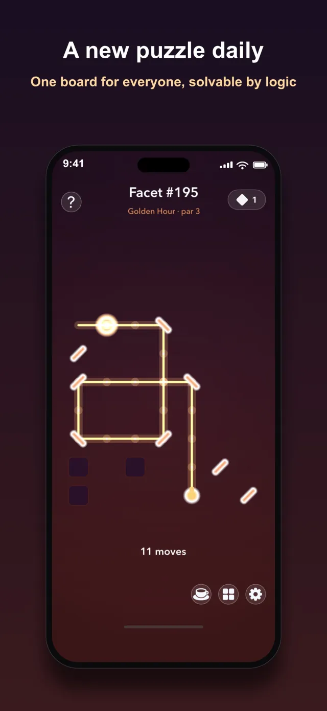 Facet puzzle screen, board number 195, a partly solved light beam board with two lanterns still unlit, titled A new puzzle daily