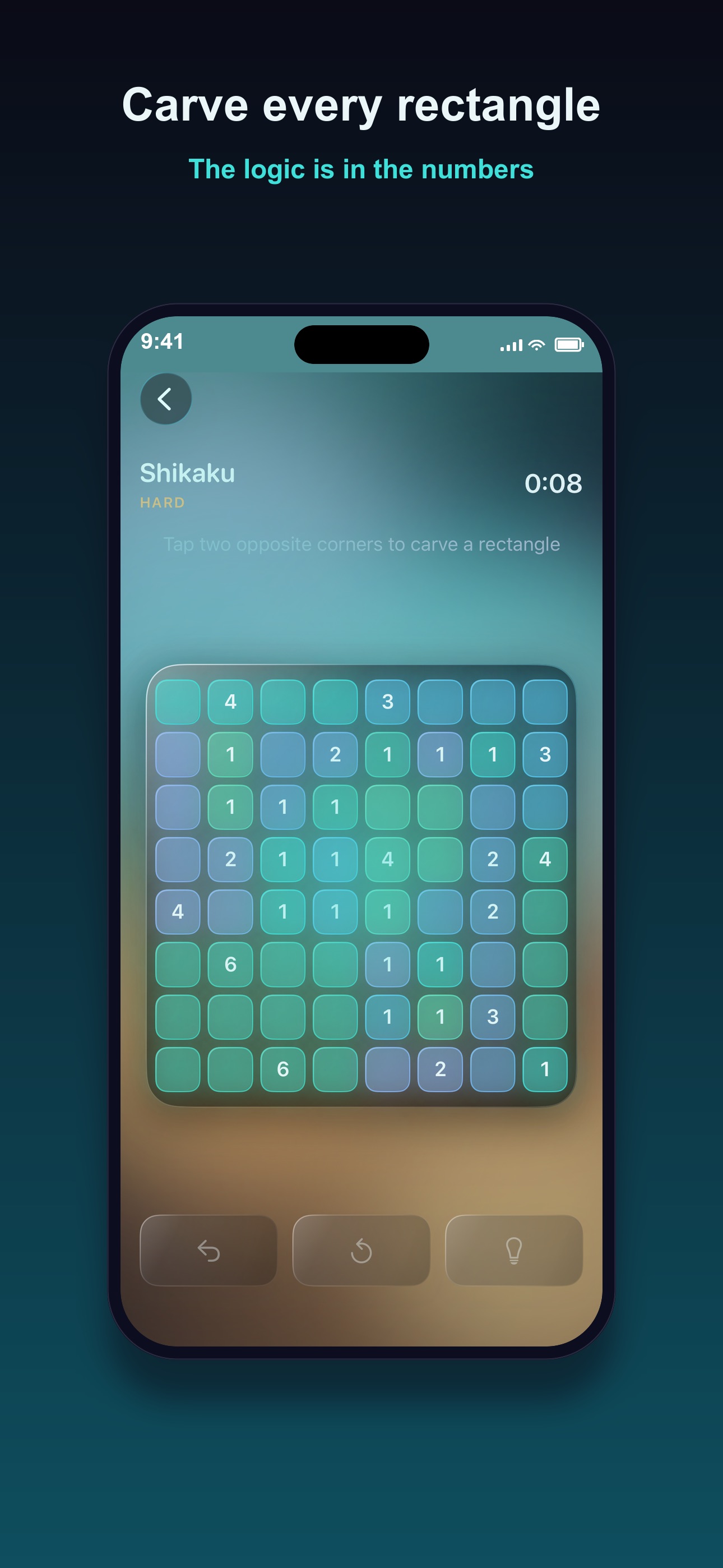 Lattice Shikaku puzzle screen, an 8 by 8 numbered grid mid solve with a 0:08 timer, titled Carve every rectangle