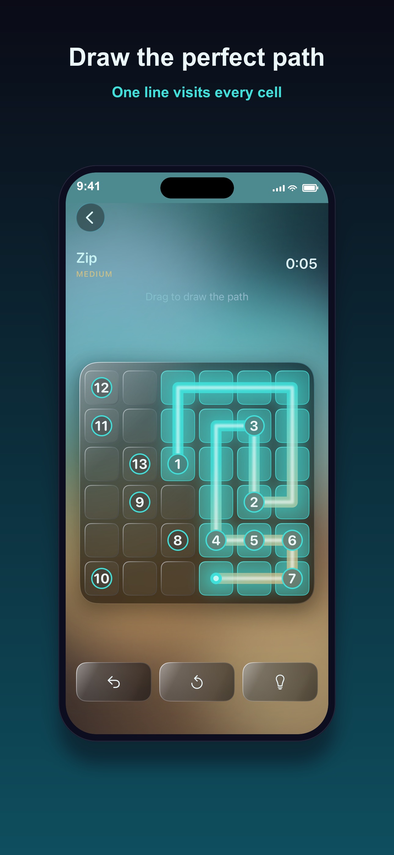 Lattice Zip puzzle screen, a 6 by 6 numbered grid with a glowing path connecting the numbers in order, titled Draw the perfect path