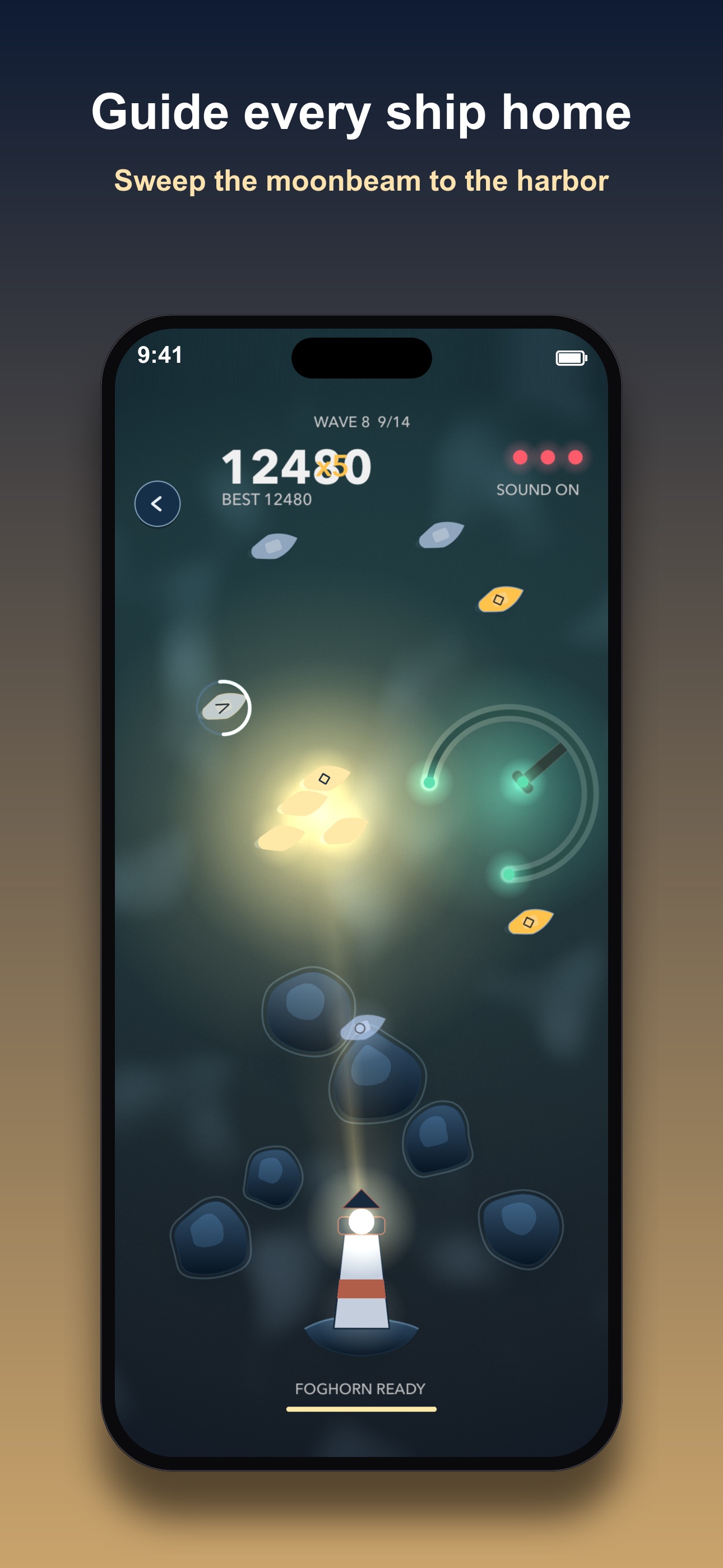 Moonglade gameplay screen, a lighthouse sweeping its beam across dark water toward ships and rocks, wave 8 of 14, titled Guide every ship home