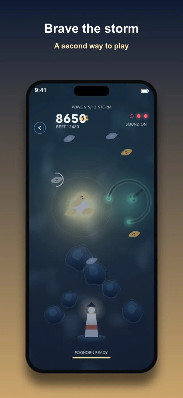 Moonglade gameplay screen during a storm wave, the same harbor scene at wave 6 of 12, titled Brave the storm