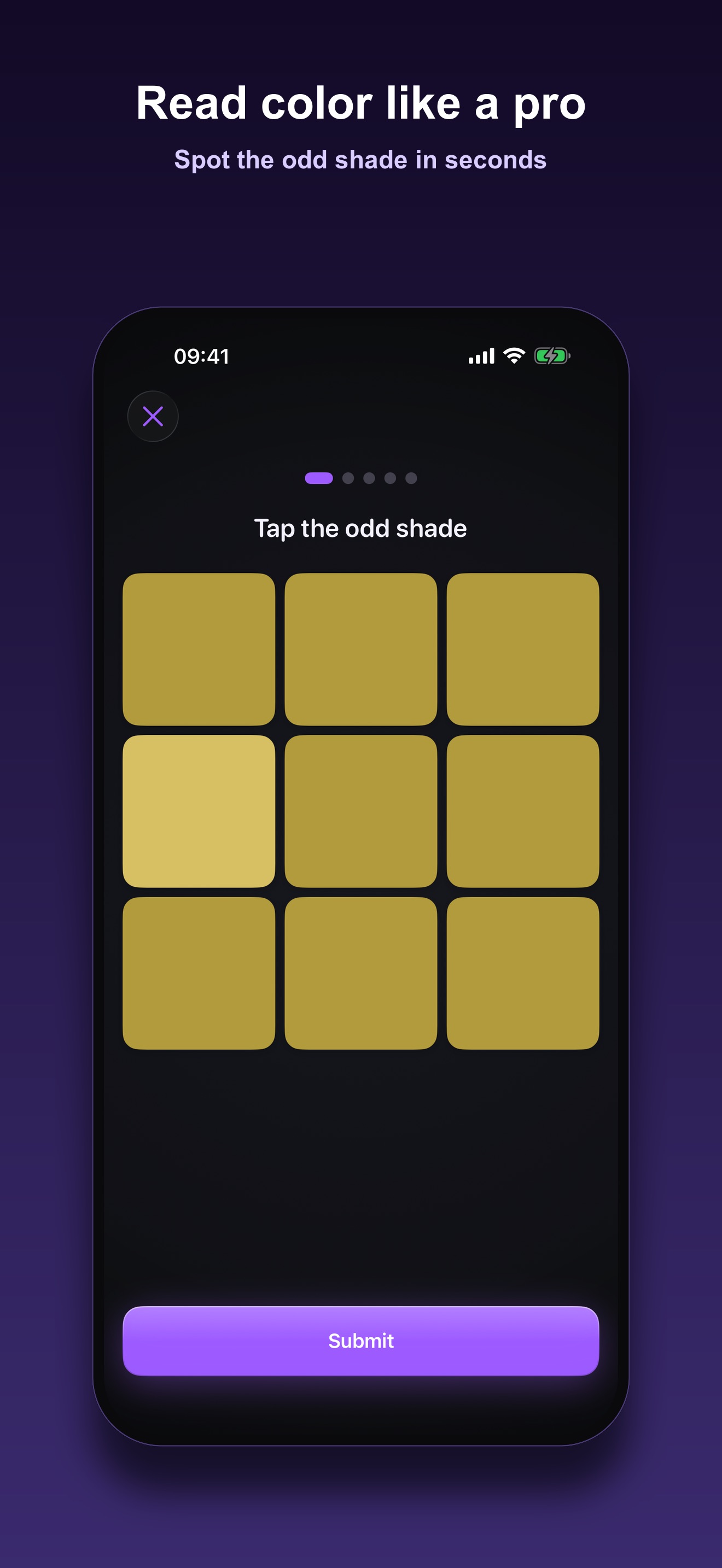 Senses Hue puzzle screen, a 3 by 3 grid of gold color swatches with one lighter odd shade to tap, titled Read color like a pro