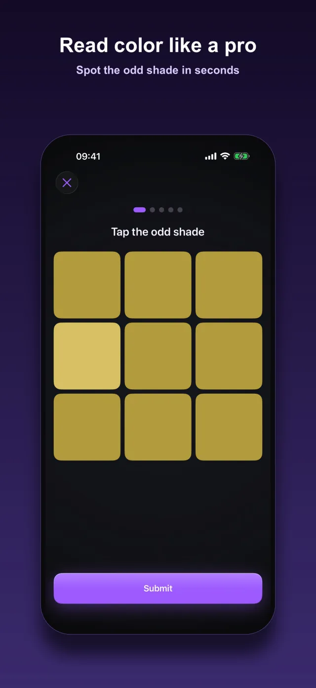 Senses Hue puzzle screen, a 3 by 3 grid of gold color swatches with one lighter odd shade to tap, titled Read color like a pro