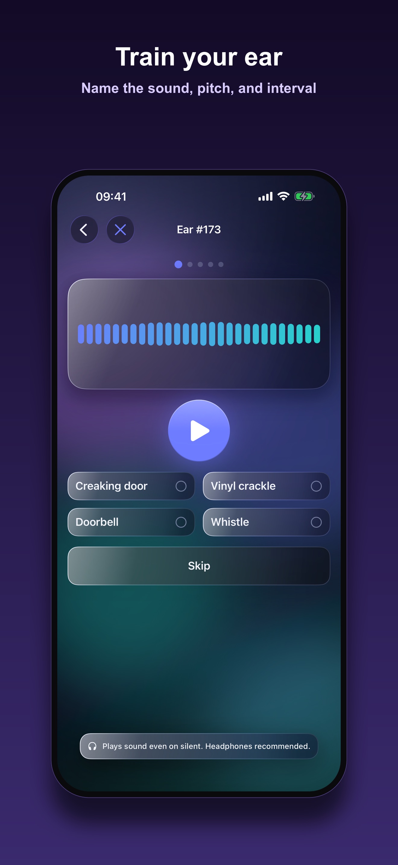 Senses Ear puzzle screen with a sound waveform, a play button, and four answer choices including Creaking door and Doorbell, titled Train your ear