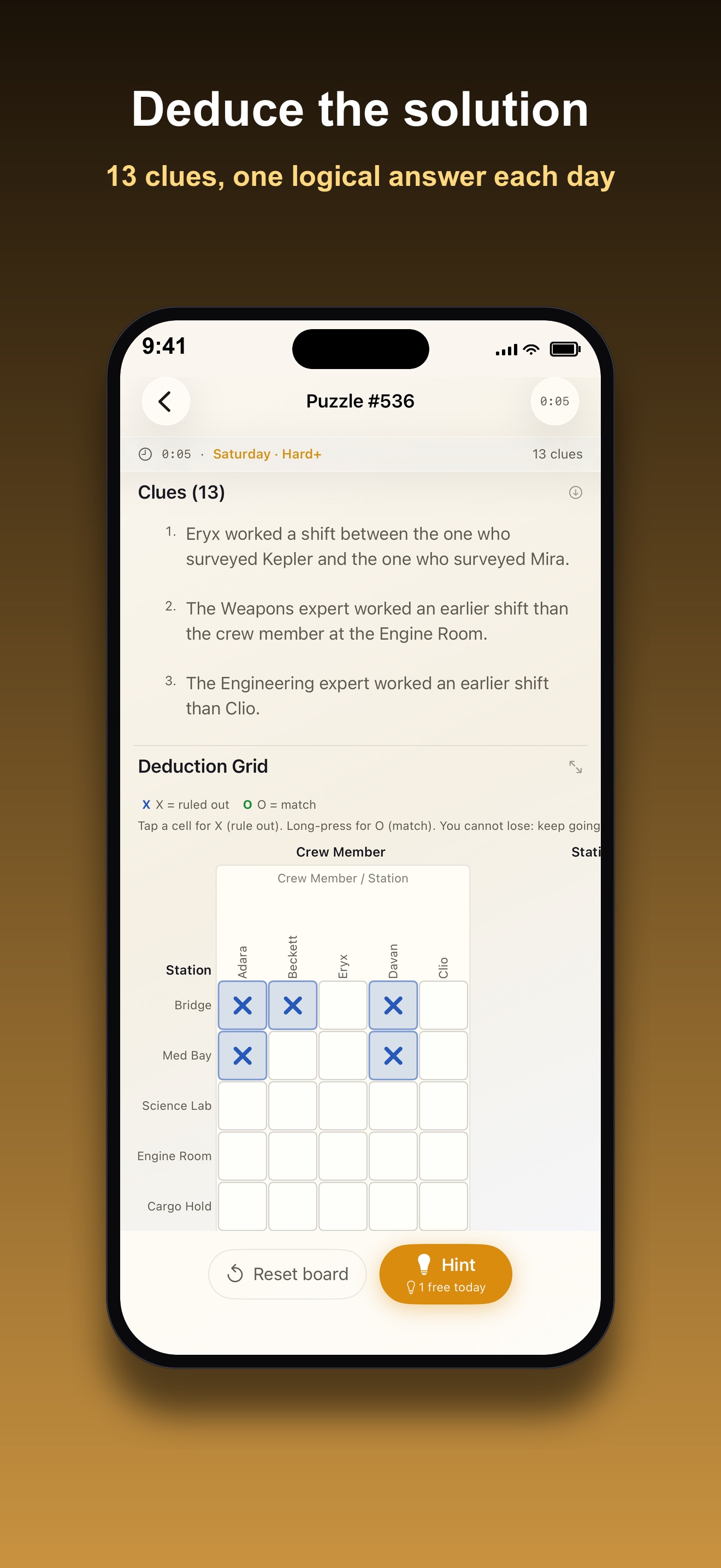 DeductaDay puzzle number 536, a 13-clue case with the clue list above a five-by-five deduction grid tracking crew members against stations