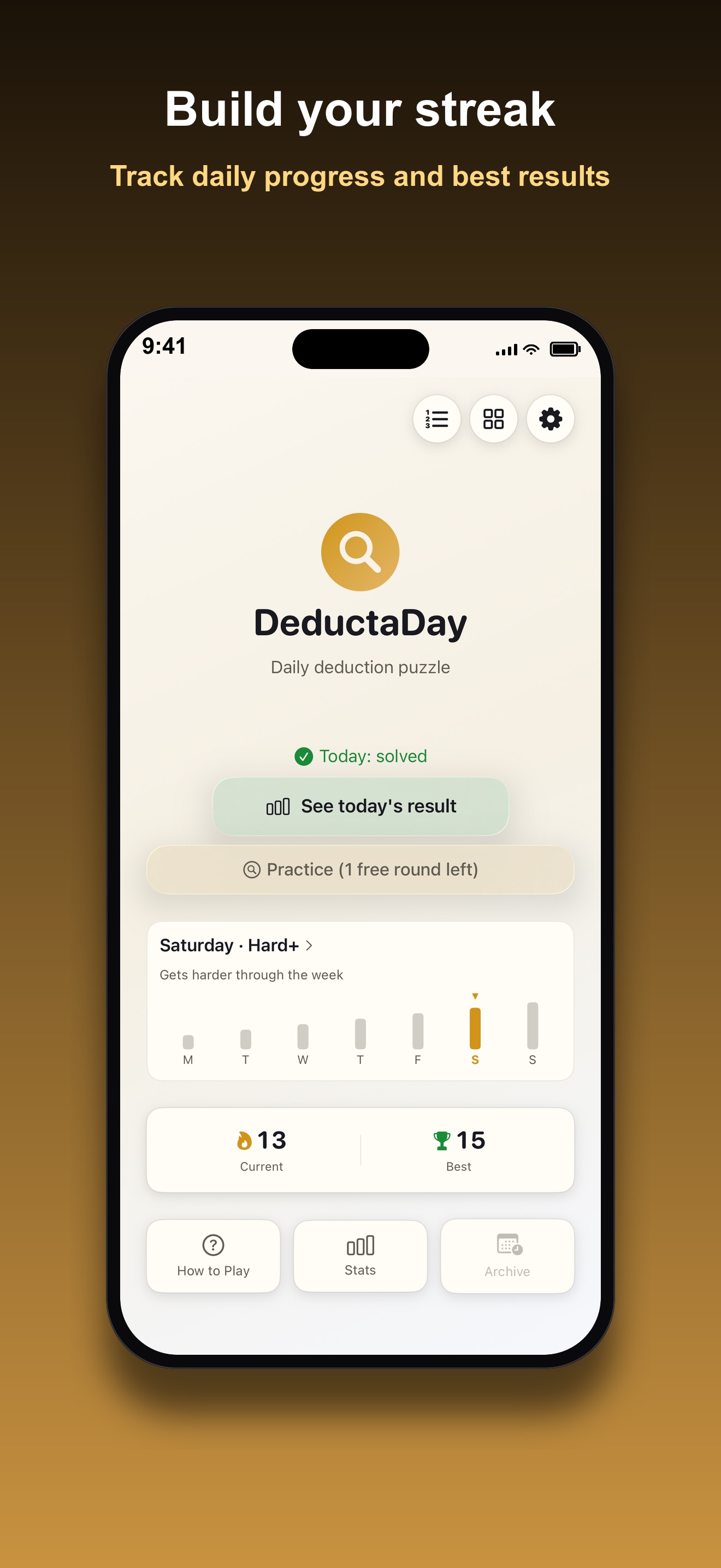 DeductaDay home screen with today marked solved, a practice round available, a week-view difficulty bar from Monday to Sunday, and a 13-day current streak against a 15-day best