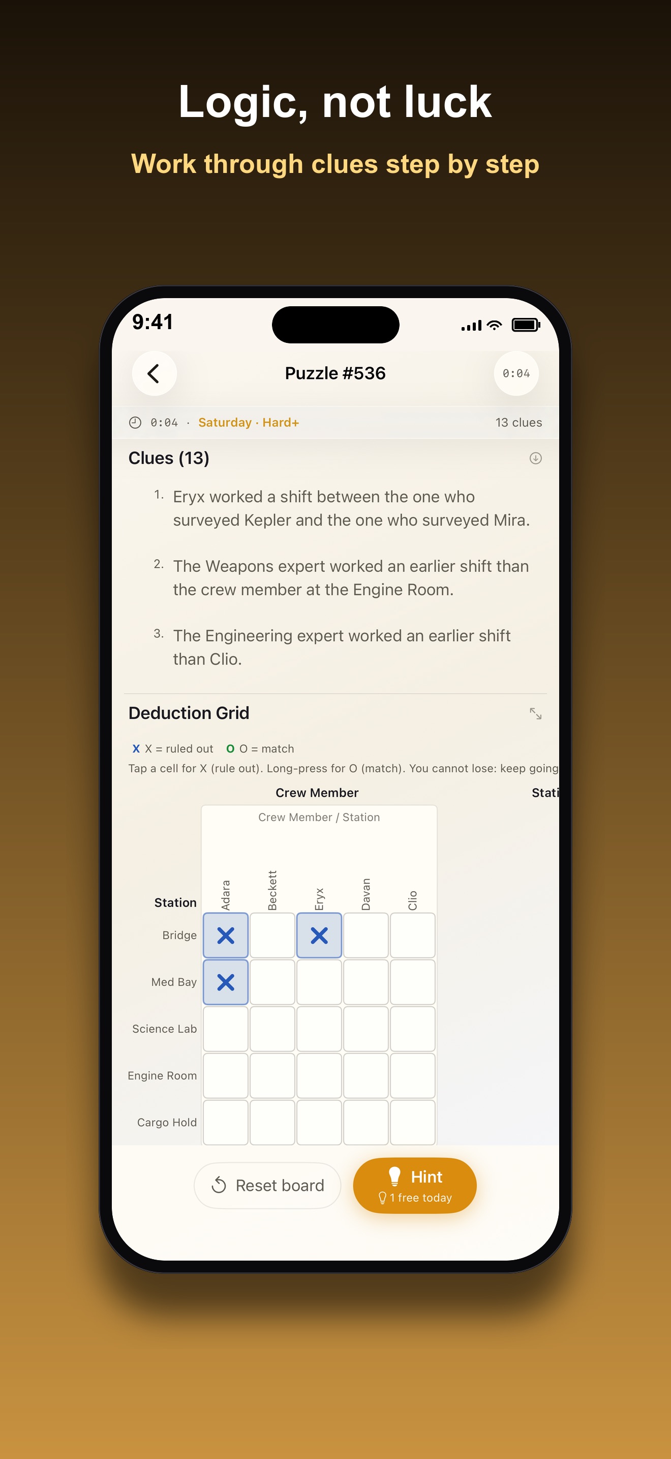 DeductaDay deduction grid partway through a solve, with several cells already marked ruled out with an X
