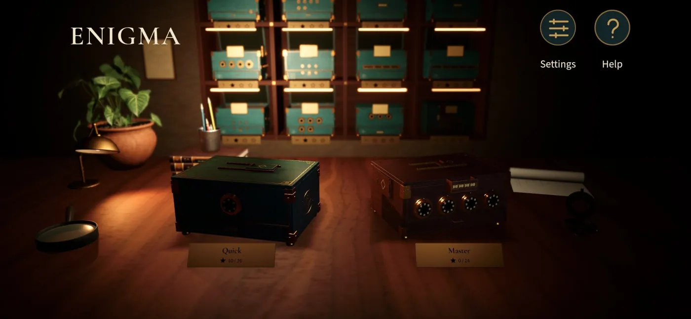 The Enigma study: a wall of puzzle boxes on lit shelves, with a Quick box and a Master box waiting on the desk