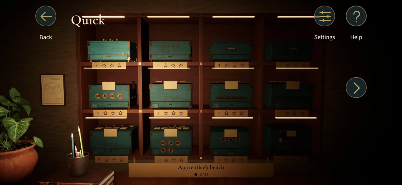 The Quick shelf: twelve green puzzle boxes, each with its own three stars to earn
