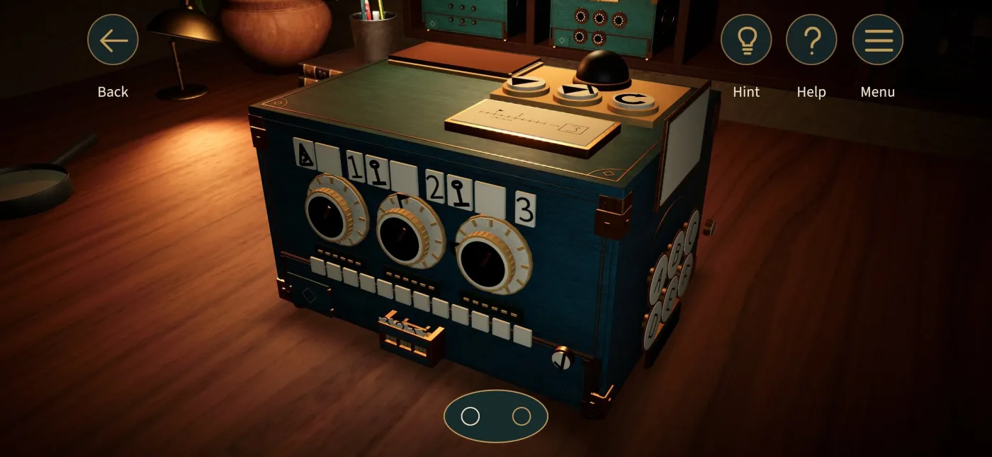 A puzzle box on the desk with three brass dials, numbered tiles and a row of switches, with Hint, Help and Menu at hand
