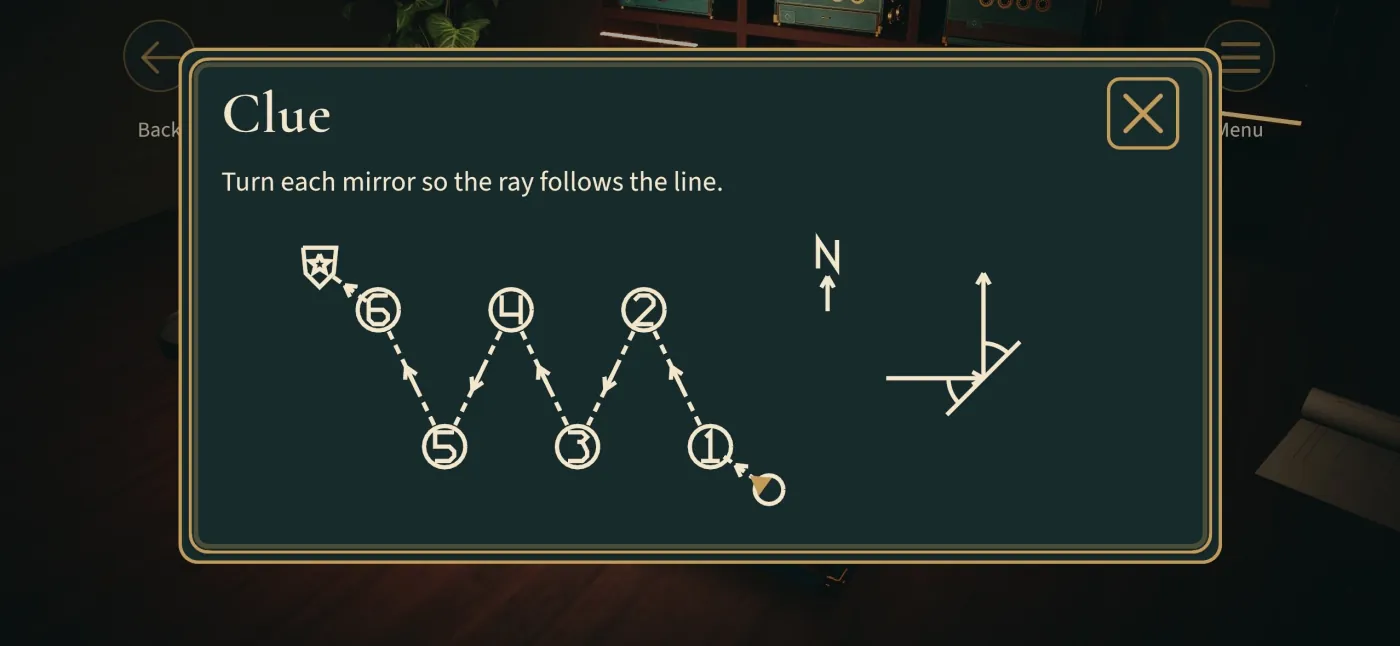 A clue card over the desk: turn each mirror so the ray follows the line