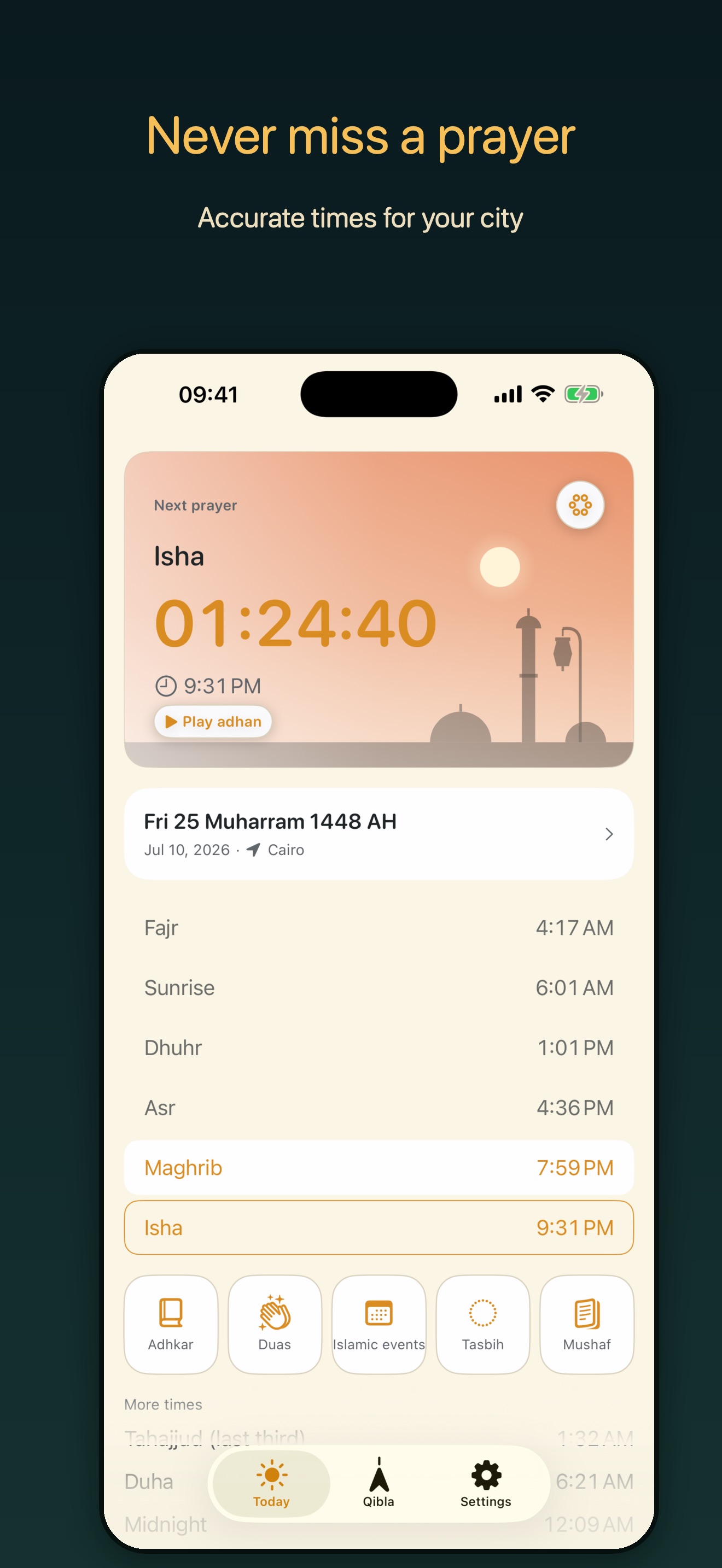 Fanus today screen showing the countdown to Isha, the full prayer time list, the Hijri date, and quick links to Adhkar, Duas, Islamic events, Tasbih, and Mushaf