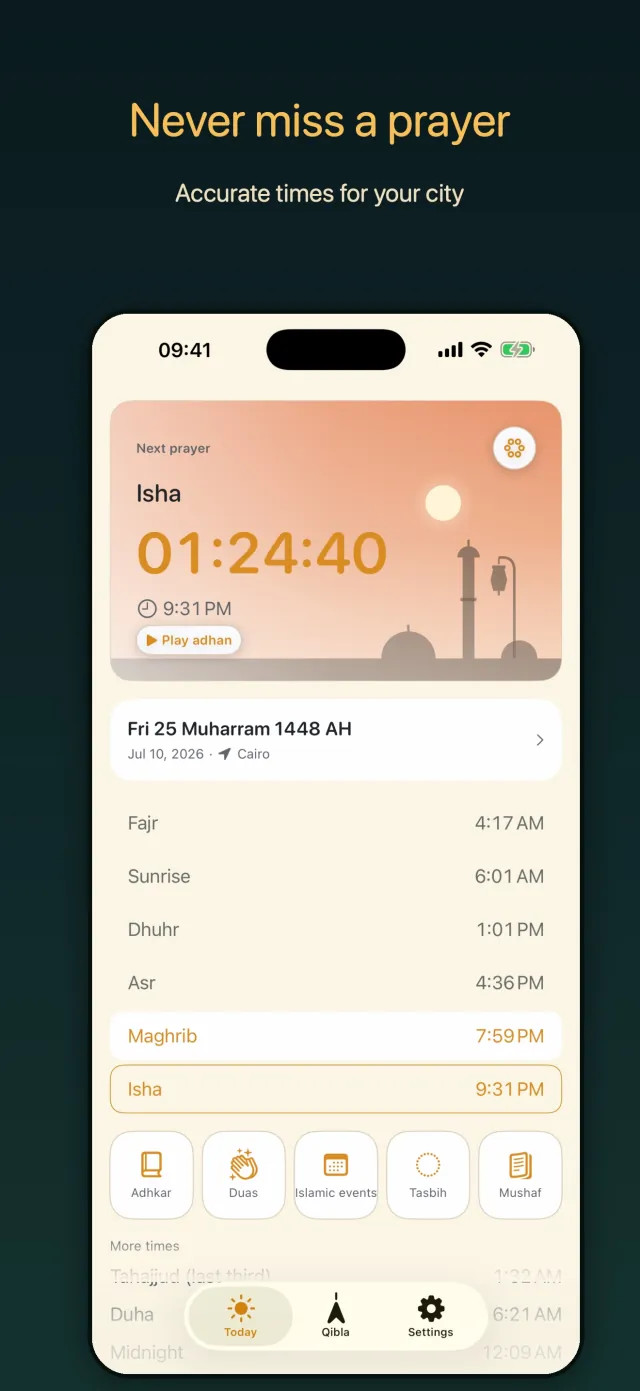 Fanus today screen showing the countdown to Isha, the full prayer time list, the Hijri date, and quick links to Adhkar, Duas, Islamic events, Tasbih, and Mushaf