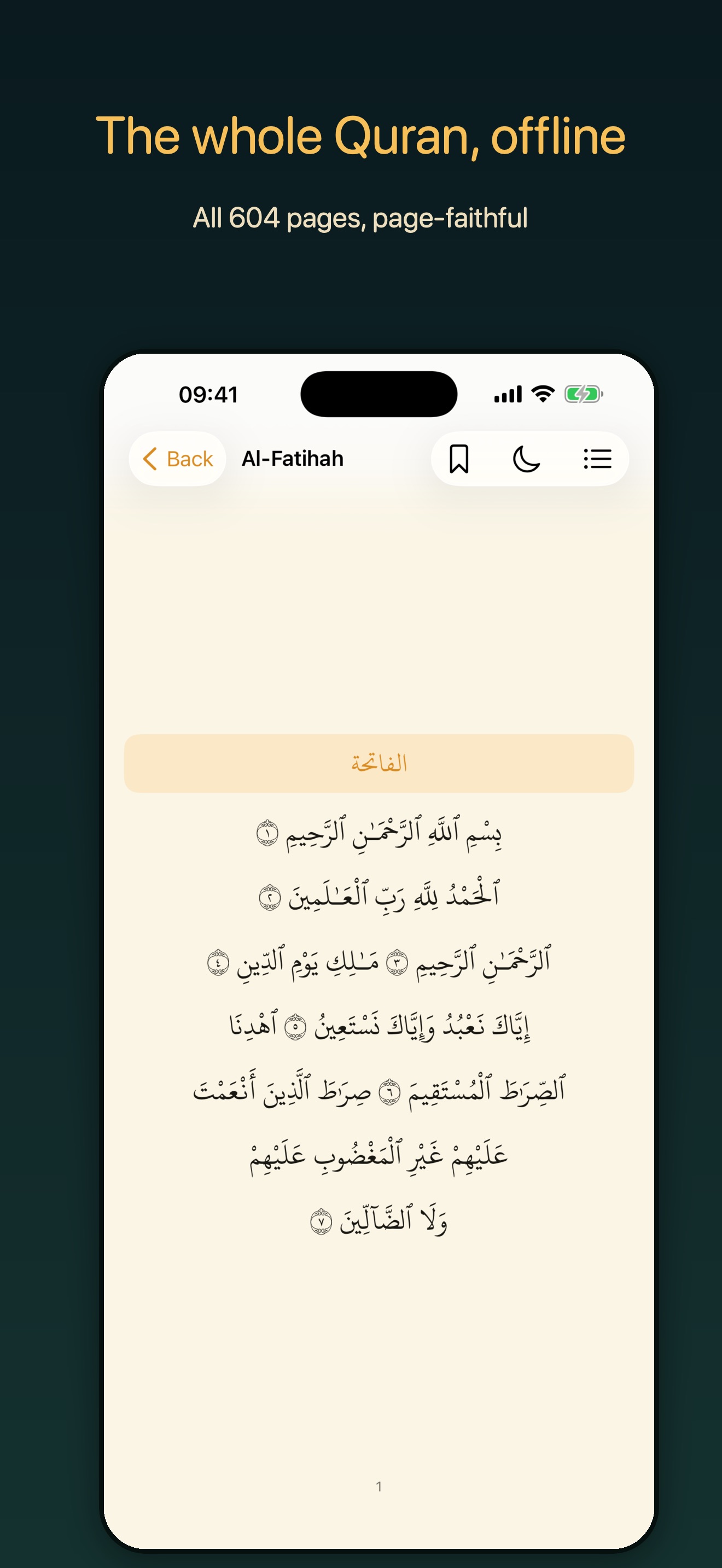 Fanus Quran reader showing Surah Al-Fatihah in a page-faithful Arabic mushaf layout with bookmark and night mode controls