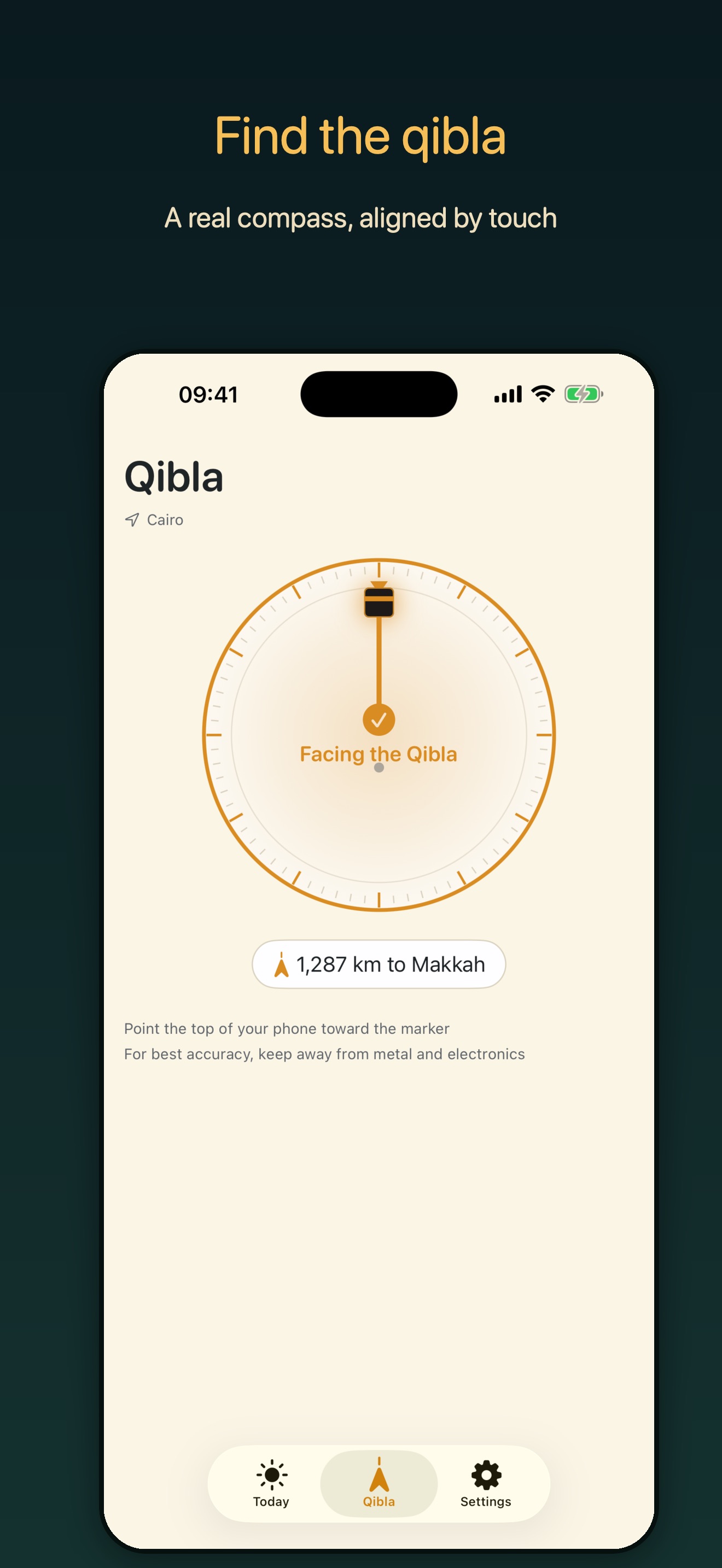 Fanus Qibla compass confirming alignment with the Qibla and showing the distance to Makkah
