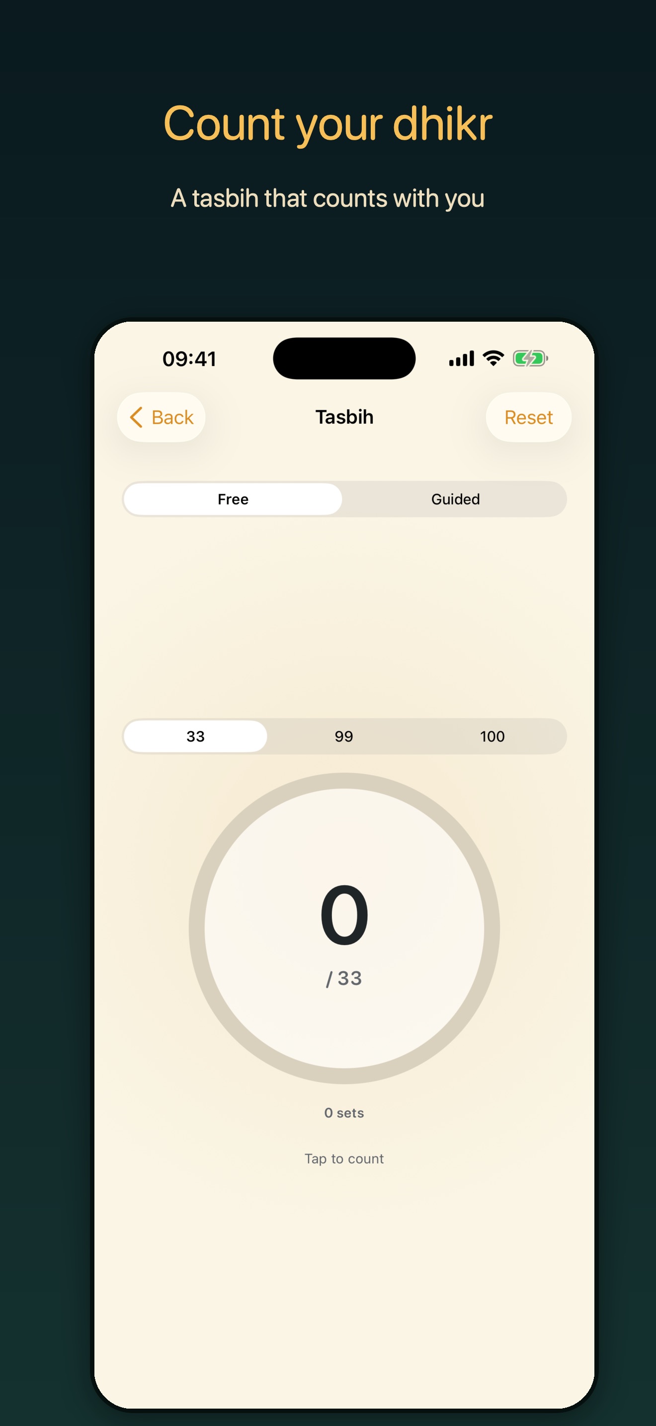 Fanus Tasbih counter with Free and Guided modes and a 33-count target