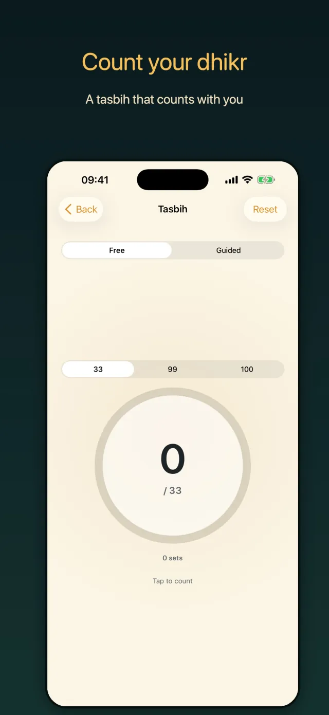 Fanus Tasbih counter with Free and Guided modes and a 33-count target