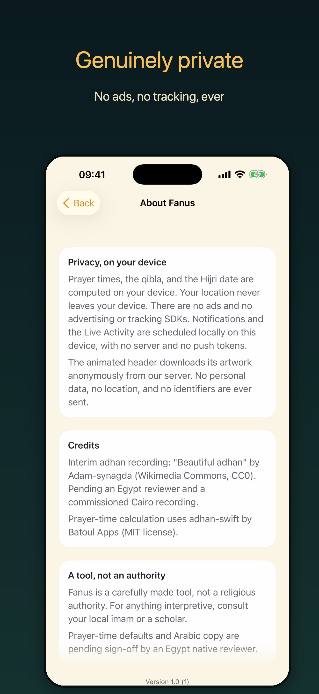 Fanus About screen describing on-device privacy, prayer-calculation credits, and a note that Fanus is a tool, not a religious authority