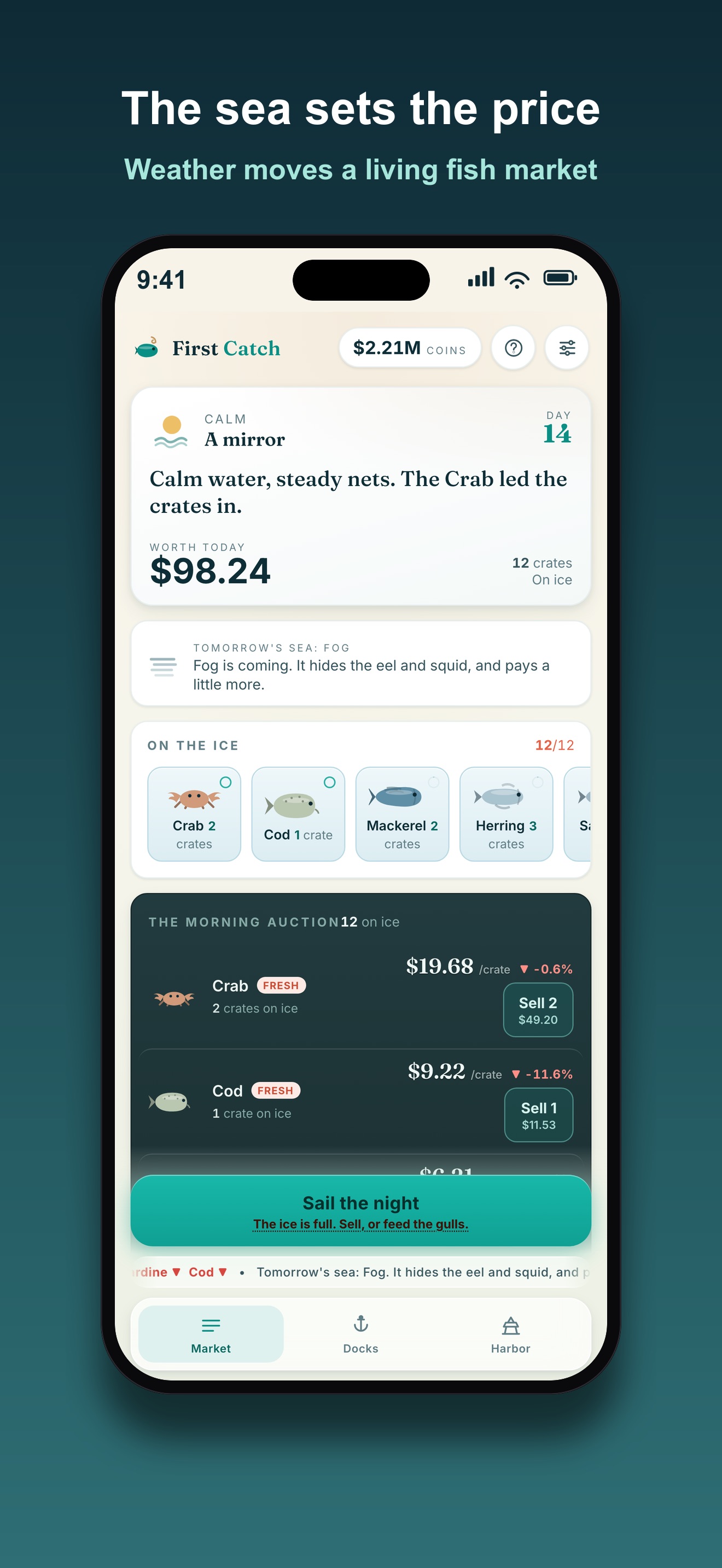 First Catch market screen: Day 14, calm weather, crates on ice by species, and the morning auction with live per crate prices and sell buttons