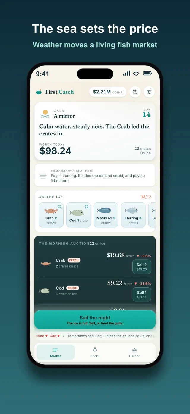 First Catch market screen: Day 14, calm weather, crates on ice by species, and the morning auction with live per crate prices and sell buttons