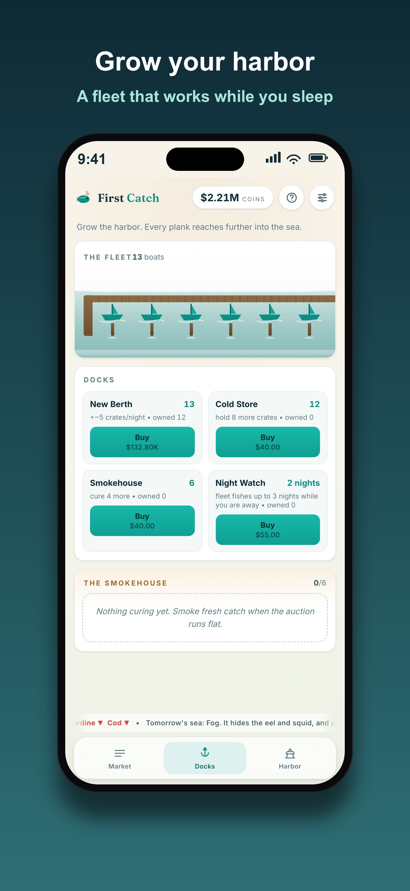 First Catch docks screen: a fleet of thirteen boats at berth and upgrade cards for New Berth, Cold Store, Smokehouse, and Night Watch