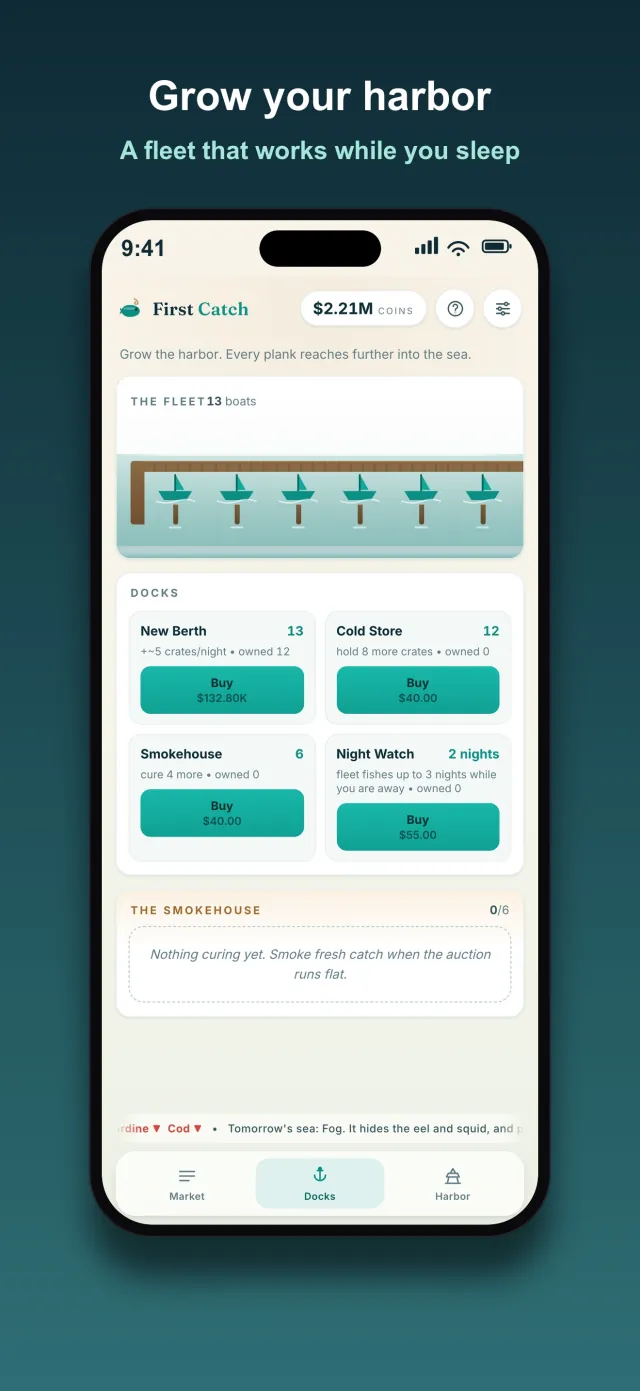 First Catch docks screen: a fleet of thirteen boats at berth and upgrade cards for New Berth, Cold Store, Smokehouse, and Night Watch