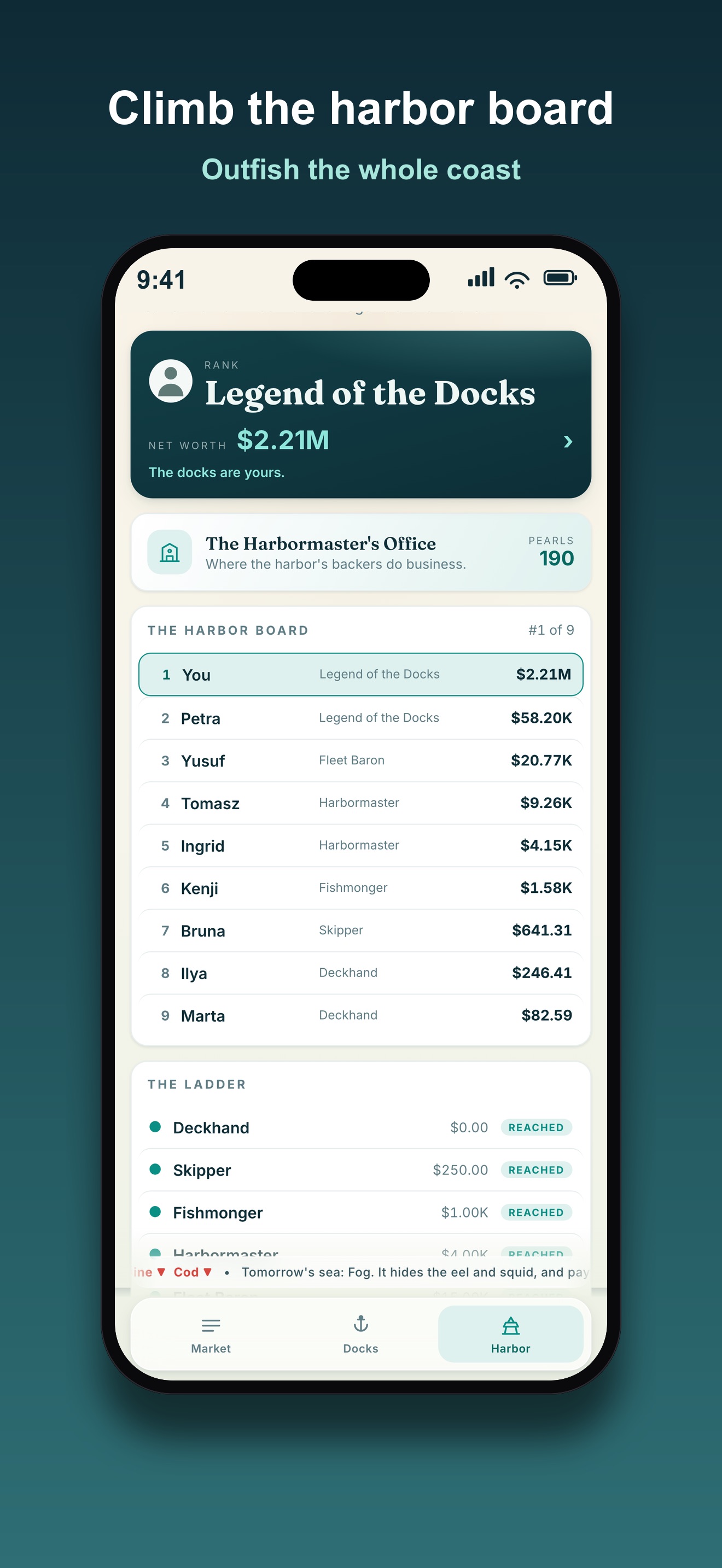 First Catch harbor screen: player rank Legend of the Docks, net worth of 2.21 million dollars, the harbor board leaderboard, and the title ladder from Deckhand to Legend of the Docks