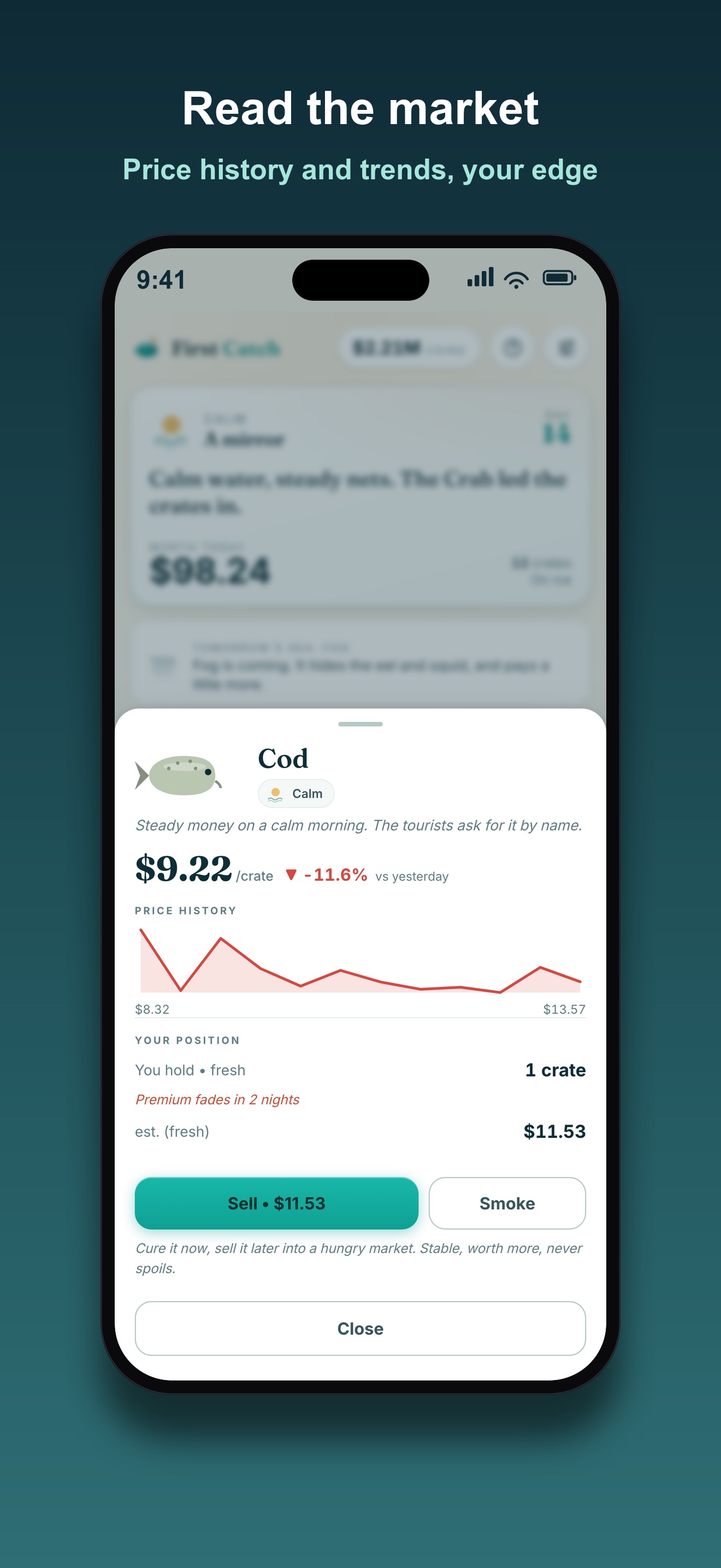 First Catch catch detail sheet for Cod, showing price per crate, a price history graph, and the choice to sell fresh now or smoke it for later