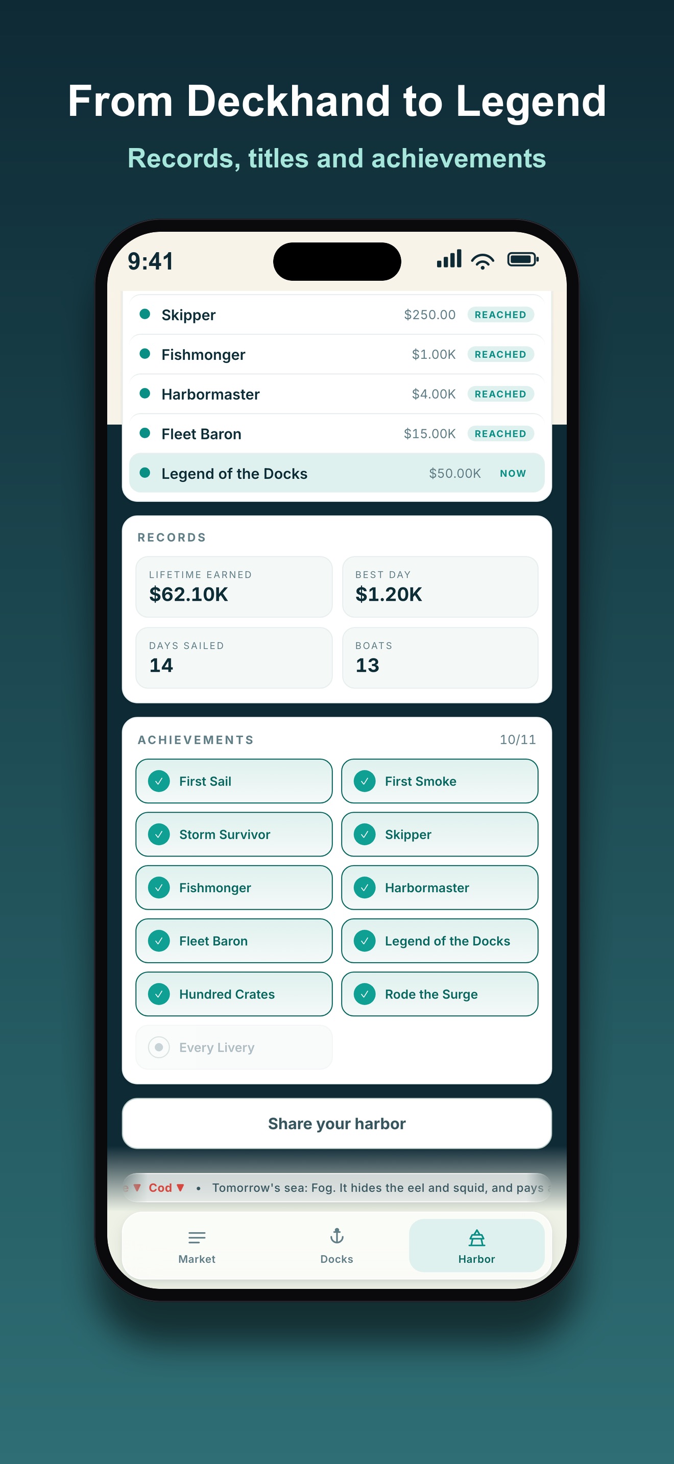 First Catch records and achievements screen: lifetime earnings, best day, days sailed, boats owned, and a grid of completed achievements