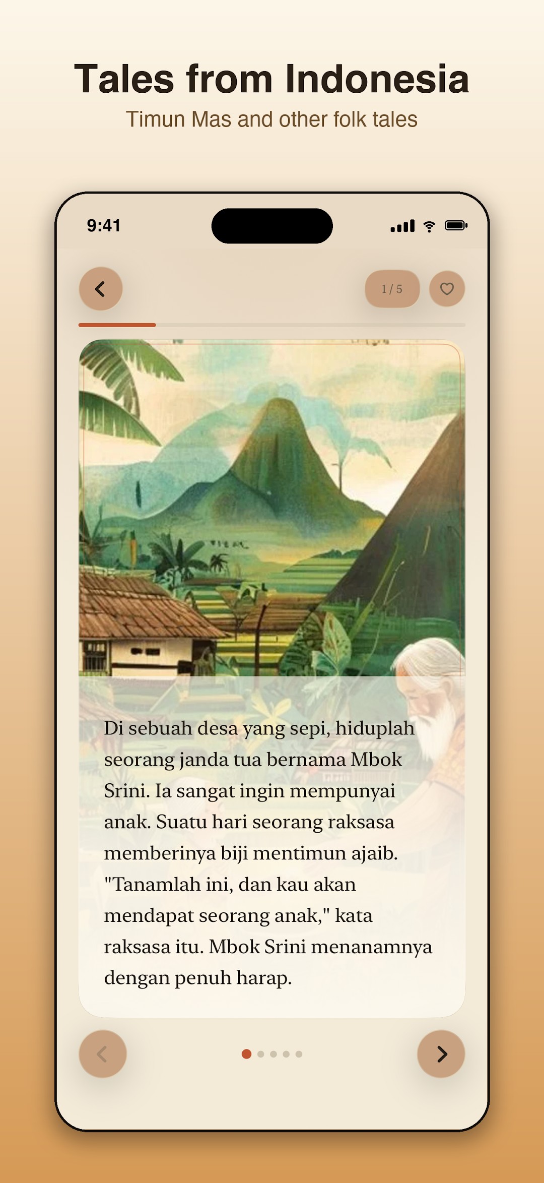 An Indonesian tale with a mountain-and-river illustration