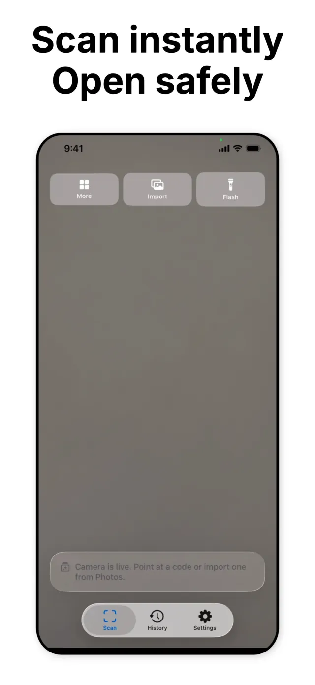 GlassScan camera viewfinder with More, Import, and Flash controls, and a prompt to point at a code or import one from Photos