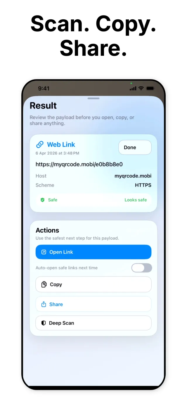 GlassScan result screen with Open Link, an auto-open toggle, Copy, Share, and Deep Scan actions