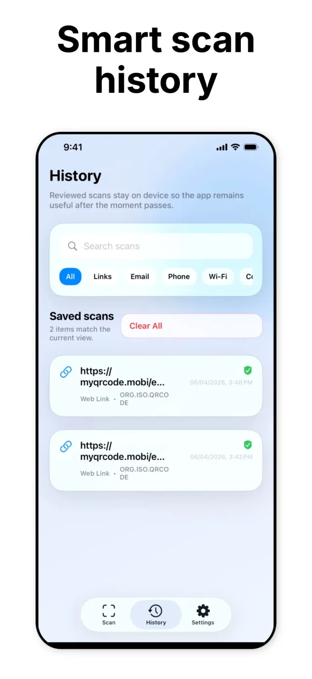 GlassScan History tab with a search field, type filters, and a list of saved scans