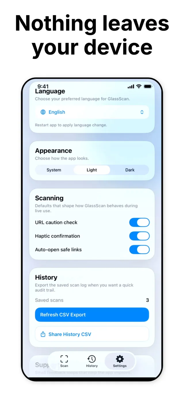 GlassScan Settings screen with language, appearance, scanning toggles, and history export controls