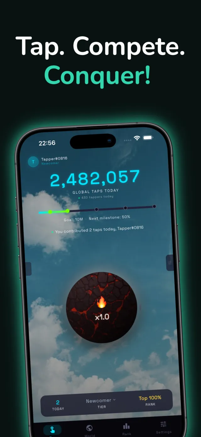 Global Tap main screen showing the global taps today counter, the daily goal progress bar, and the tap button with an x1.0 multiplier