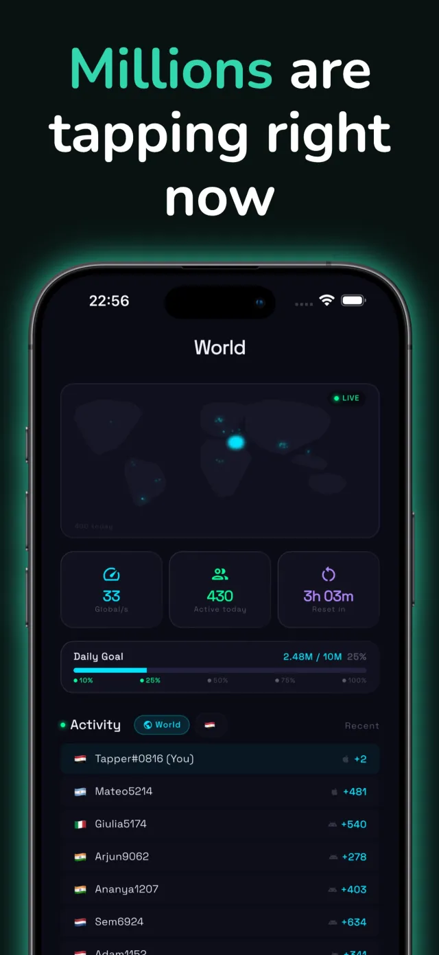 Global Tap World screen with a live map of active tappers, global taps per second, active players today, and a recent activity feed of taps by country
