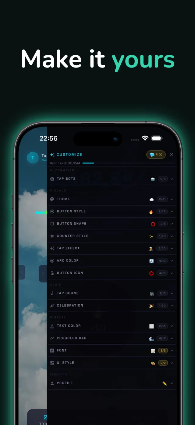 Global Tap customization panel listing themes, button styles, tap effects, sounds, and profile options earned by playing