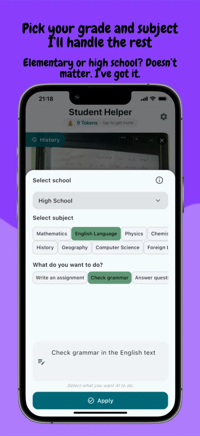 Homework Genie school and subject picker with High School selected, English Language as the subject, and Check grammar as the task