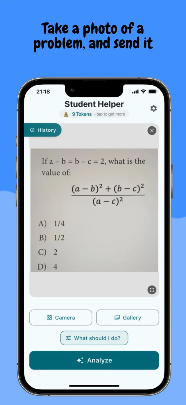 Homework Genie screen with a photographed algebra problem ready to send for analysis