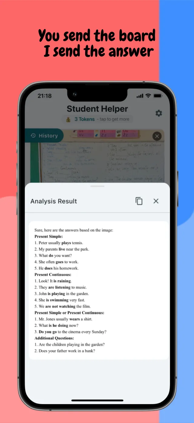 Homework Genie analysis result answering an English grammar worksheet on present simple and present continuous tense