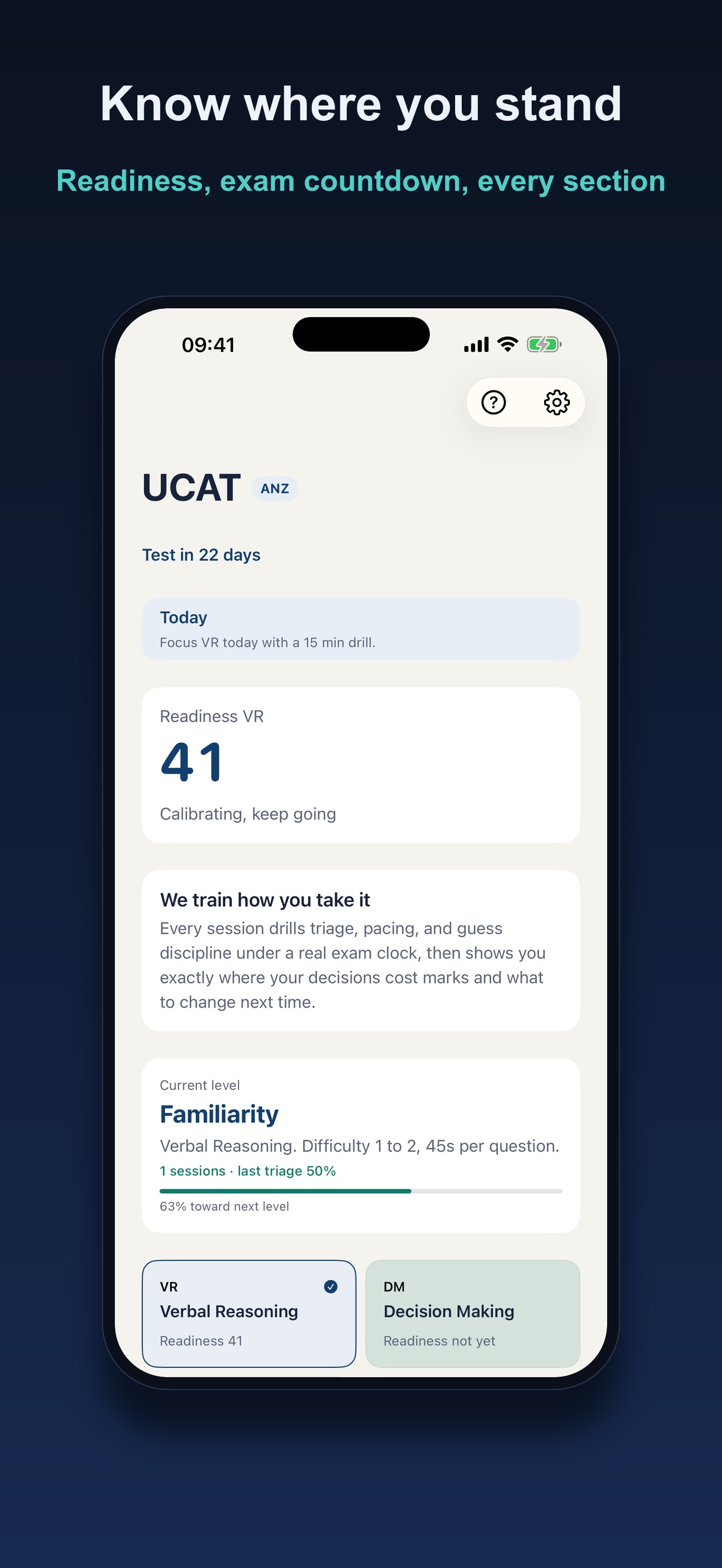 Kairos readiness dashboard showing an exam countdown, per-section readiness score, and a daily focus drill