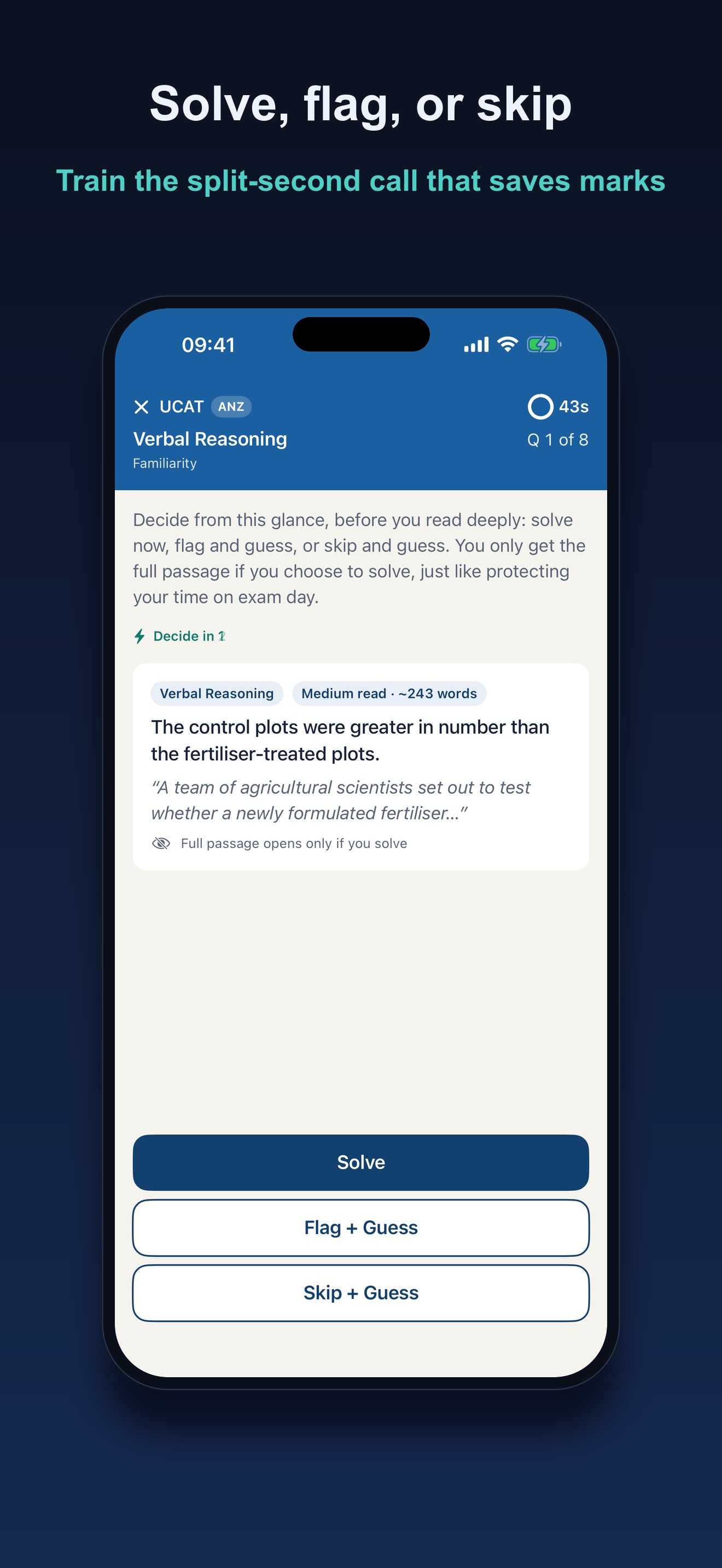 Kairos triage screen for a Verbal Reasoning question with Solve, Flag and Guess, and Skip and Guess choices under a live timer