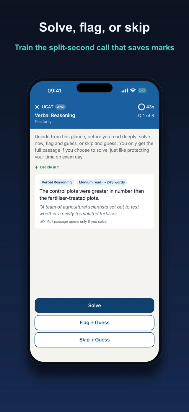 Kairos triage screen for a Verbal Reasoning question with Solve, Flag and Guess, and Skip and Guess choices under a live timer