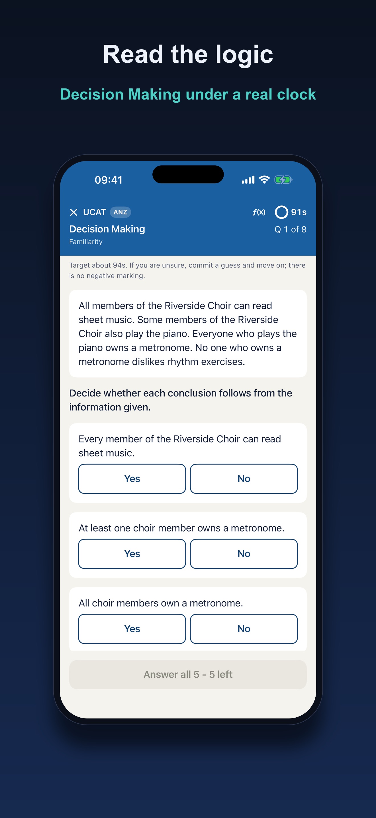 Kairos Decision Making question with a live timer and Yes or No answers for each logical conclusion