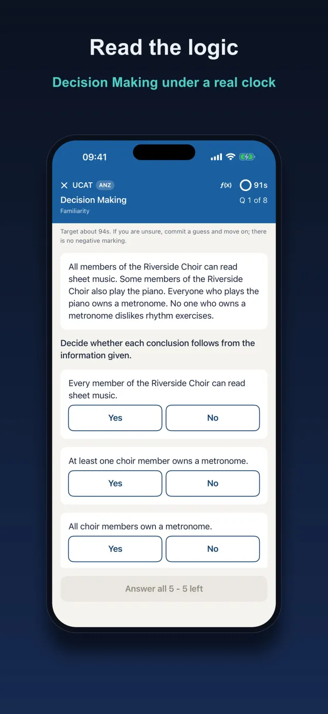 Kairos Decision Making question with a live timer and Yes or No answers for each logical conclusion