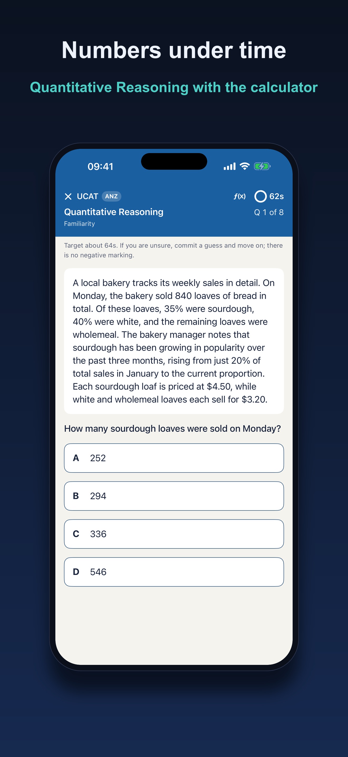 Kairos Quantitative Reasoning question with a word problem, multiple choice answers, and a live timer